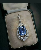 12Ct Cushion Simulated Sapphire &amp; Diamond Art Deco Pendant 14K White Gold Plated - £57.74 GBP