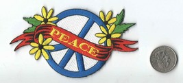 PEACE SIGN  BANNER &amp; FLOWERS IRON-ON / SEW-ON EMBROIDERED PATCH 4 &quot;x 2.5 &quot; - $4.79