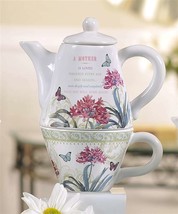 Tea For One Set Floral Teapot Mother Sentiment White Ceramic 7.4" High Flowers  image 2