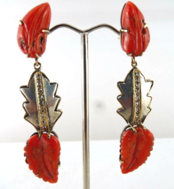 Natural Coral Carved 19.50 Carats Leaves Diamond 925 Silver 18K Gold Earring - £410.51 GBP