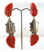 NATURAL CORAL CARVED 19.50 CARATS LEAVES DIAMOND 925 SILVER 18K GOLD EARRING - $519.08
