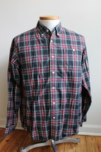 Lands End L 16-16.5 Red Black Green Plaid Button Front Cotton Shirt Long Sleeve - £17.33 GBP