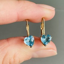 14k Gold Blue Topaz Heart Leverback Vintage Earrings - £93.04 GBP