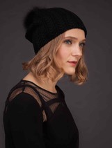 AVIMA Knitted Black Cashmere Beanie Hat With Fox Fur Pom Pom - £40.42 GBP