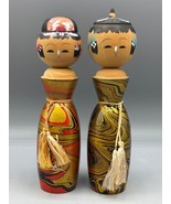 Vtg Set 2 Pc Kokeshi Dolls Wood Tassels Swirl Metallic Paint - $41.71