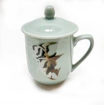 Chinese Porcelain Green Covered Tea Coffee Mug Angel Fish Mid-Century 19... - $35.61