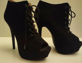 Wild Diva Black Lace Up Platform Open Toe Stilettos US 8 Black Suade Heels - £9.36 GBP