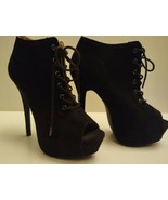 Wild Diva Black Lace Up Platform Open Toe Stilettos US 8 Black Suade Heels - £9.47 GBP