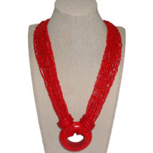 Vtg Chunky Red Glass Seed Bead 16 Multi Strand Necklace Round Ring Pendant 25&quot; - £39.56 GBP