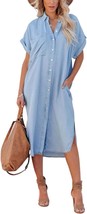 Women&#39;s Loose Hand Pocket Midi Long Denim Shirt Dress - £46.83 GBP