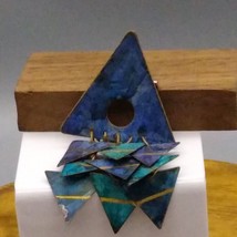 Vintage Brass Geometric Brooch, Painted Blue Triangle with Smaller Shaped Dangle - £25.66 GBP