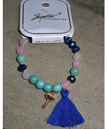 Blue Multicolor Bead Beaded Bracelet Heart Key Charm &amp; Tassel Stretch El... - £8.59 GBP