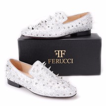 Men FERUCCI Silver Spikes Slippers Loafers Flat With Crystal GZ Rhinestone - £159.86 GBP