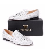 Men FERUCCI Silver Spikes Slippers Loafers Flat With Crystal GZ Rhinestone - $199.99