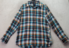 Lands&#39; End Shirt Boys XL Teal Orange Plaid Flannel Pocket Collared Butto... - $20.84