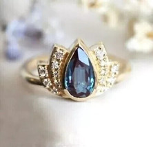 14k Yellow  Gold Plated 2.50 CT Pear  Cut Simulated Blue Topaz Lotus Ring Women - £70.99 GBP