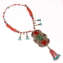 Tibetan Turquoise Red Coral Handmade Bohemian Jewelry Necklace Nepali 18&quot; SA 424 - £24.26 GBP