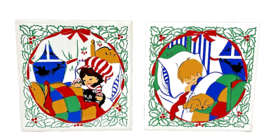 Vintage Jasco Christmas Trivets Coasters Painted Children Sleeping 4.25&quot; Footed - £9.31 GBP