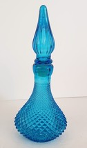 MCM Empoli Italian Glass Blue Genie Bottle Decanter Diamond Cut RARE 8 1/2&quot; Tal - £78.55 GBP