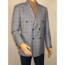 Men's Mono Double Breasted Blazer Super 180s Wool 1523-02 Blue Brown Plaid image 2
