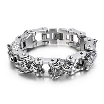 Viking Wolf Head Bracelet Bicycle Chain Punk Style Stainless Steel Charm Men&#39;s B - £30.39 GBP