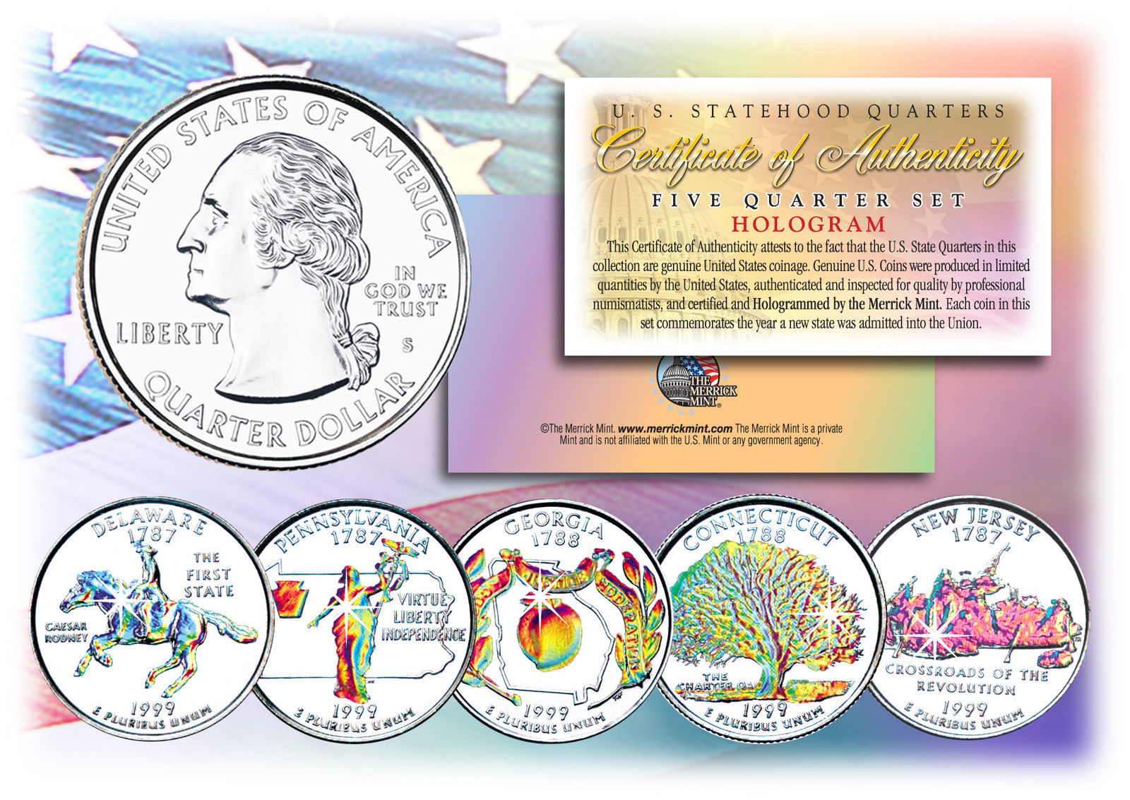 1999 US Statehood Quarters HOLOGRAM *** 5-Coin Complete Set *** w/Capsules & COA - £12.66 GBP