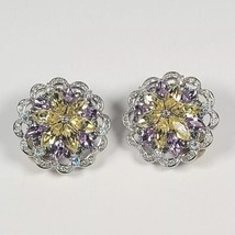 Joan Rivers Silver Tone Clip On Earring Citrine Amethyst Crystal Jeweled Flower - £41.08 GBP