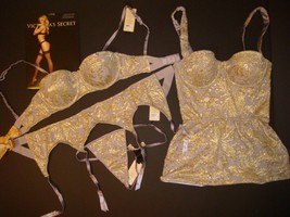 Victoria&#39;s Secret Designer Collection 32C Bra Set+Garter Belt+Corset Purple Gold - £236.70 GBP