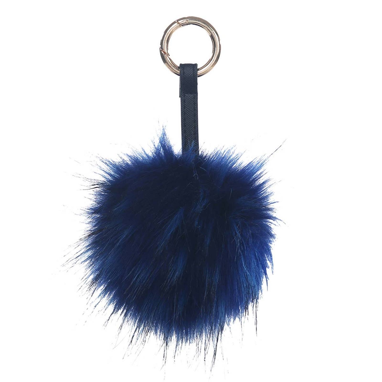 Navy Blue Faux Fur Pom Pom Key Chain Keyring Bag Charm - $13.86