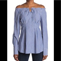 Tibi Garcon Stripe Print Shirred Top, Off The Shoulder, Blue/White, Size 4, NWT - £75.16 GBP