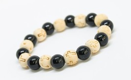 Wood and Tourmaline Bracelet Cross Bracelet Men Carved wood Black Beads Bracelet - $20.00