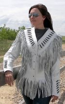 Women&#39;s Western Lambskin White Leather Fringe Jacket Bones Studs WJ114 - $149.00