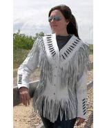 Women&#39;s Western Lambskin White Leather Fringe Jacket Bones Studs WJ114 - £117.72 GBP