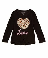 $18 One Step Up Black Leopard Fuzzy Heart &#39;Love&#39; Tie-Front Crewneck Top ... - $105.17 MXN