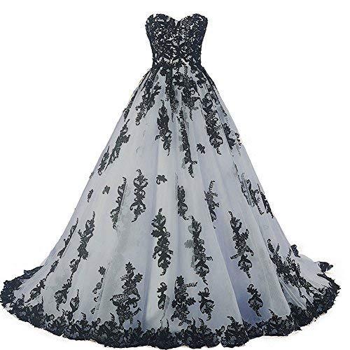 Vintage Gothic Black Lace Ball Gown Long Prom Dresses Wedding Gowns Silver US 2