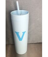 Modern Expressions Blue Tumbler With Straw 20oz - Letter V New - $12.28 CAD