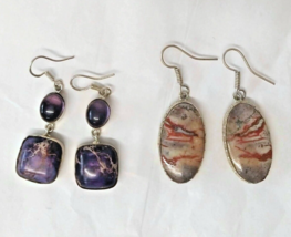 Artisan 925 SS (2 Pair) Polished Dyed Natural Stone Dangle Earrings Brown Purple - £44.82 GBP