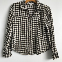 Petite Sophisticate Shirt 6 Black White Silk Houndstooth Button Long Sleeve Top - £26.06 GBP