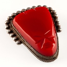 Vintage Diaz Santoyo Maya Máscara en Rojo Coral Hecho Plata de Ley Broche 23.5g - £153.95 GBP