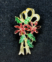 Gold Tone Enamel Christmas Ribbons With Poinsettias Brooch Pin New View - £5.50 GBP