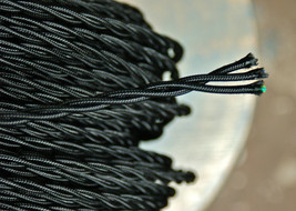 Black Twisted 3-Wire Cloth Covered Cord, 18ga. Vintage Lamp Antique Lights Rayon - £1.22 GBP