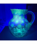 Antique Fenton Depression Art Manganese Glass Blue &amp; White Coin Dot Pitcher - $202.70 CAD
