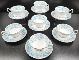 7 Grosvenor Debutante Cups Saucers Set Vintage Platinum Trim Blue Floral... - £62.81 GBP