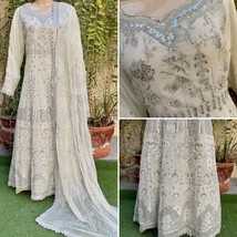 Pakistani Egg Shell White Long Maxi Style Embroidered Sequins Chiffon Dress,XL#1 - $163.35