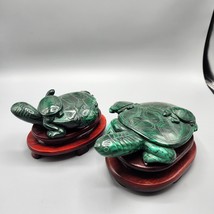 Malachite Turtle Family Figurines Hand Carved Stone Sculptures on Wood Base LOT - £193.30 GBP