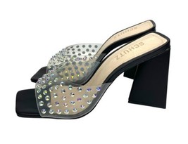 Schutz Heels Black Lizah Crystal Clear Slip On Sandals Block Heel 8 US New w Box - $119.00