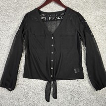 2B BeBe Shirt Womens Small Black Button Up Tie Sheer Lace Y2K Witchy Gothic - $34.60