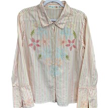 Johnny Was Embroidered Top Pink L Long Sleeve Collared Button Up Stripes... - $84.19