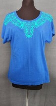 Chicos Womens Top Sz 0 US S Blue Green Floral Embroidered Short Sleeve Cotton  - £15.94 GBP