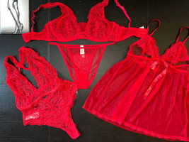 Nwt Victoria&#39;s Secret Unlined 38DD Bra Set Panty+Xxl Babydoll+Xl Teddy Red Lace - £173.55 GBP